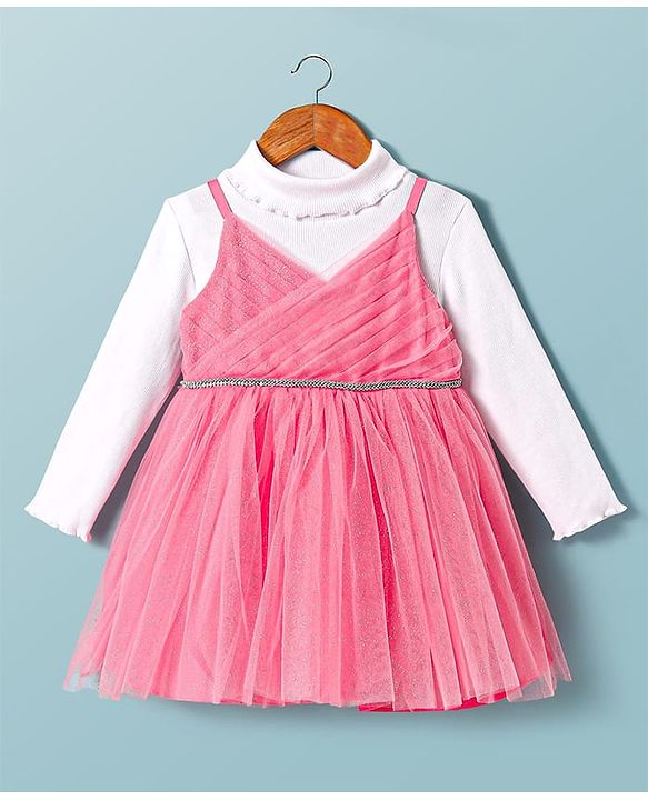 Babyhug Woven Shimmered Party Dress With Full Sleeves Solid Ribbed Inner Tee - Pink & White