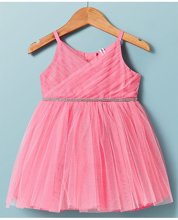 Babyhug Woven Shimmered Party Dress With Full Sleeves Solid Ribbed Inner Tee - Pink & White