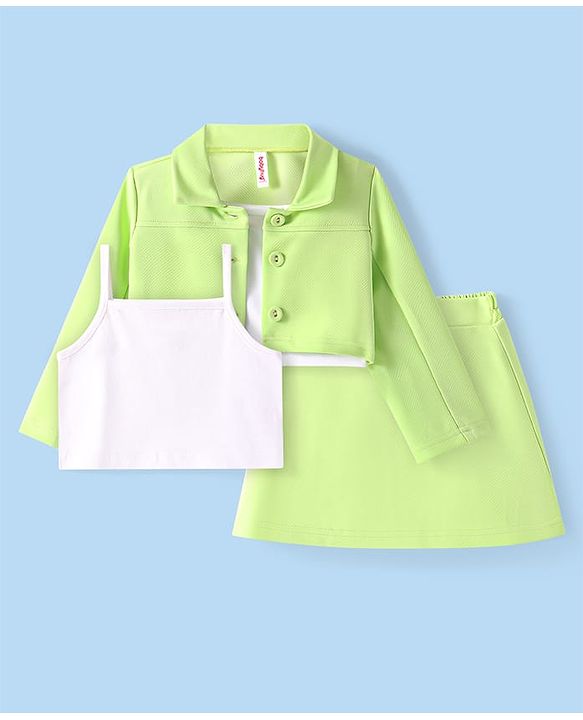 Babyhug Knit Full Sleeves Solid Color Top & Skirt Set with light Jacket- Light Green