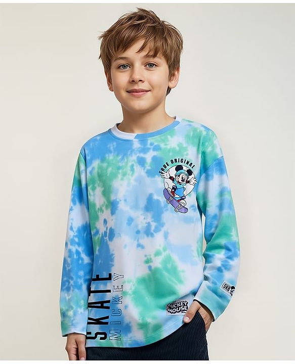 Pine Kids Disney Cotton Knit Full Sleeve T-Shirt With Mickey Mouse & Goofy Graphic - Blue Green
