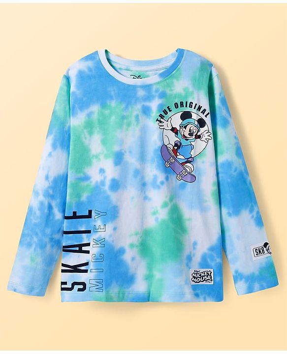Pine Kids Disney Cotton Knit Full Sleeve T-Shirt With Mickey Mouse & Goofy Graphic - Blue Green
