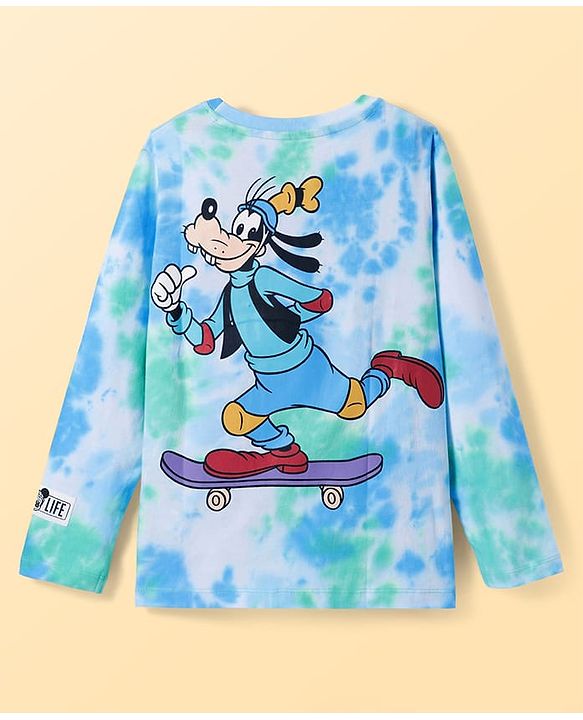 Pine Kids Disney Cotton Knit Full Sleeve T-Shirt With Mickey Mouse & Goofy Graphic - Blue Green