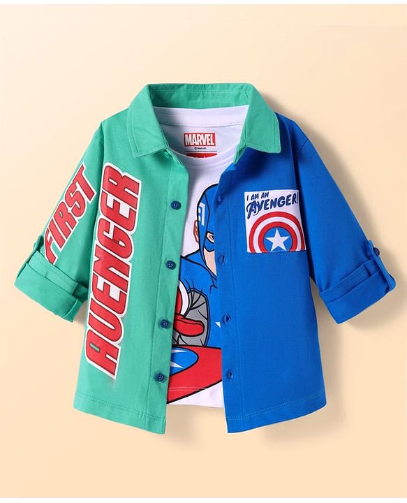 Babyhug Marvel Cotton Knit Full Sleeves Shirt with T- Shirt Avenger Graphics - Mint Green & Blue