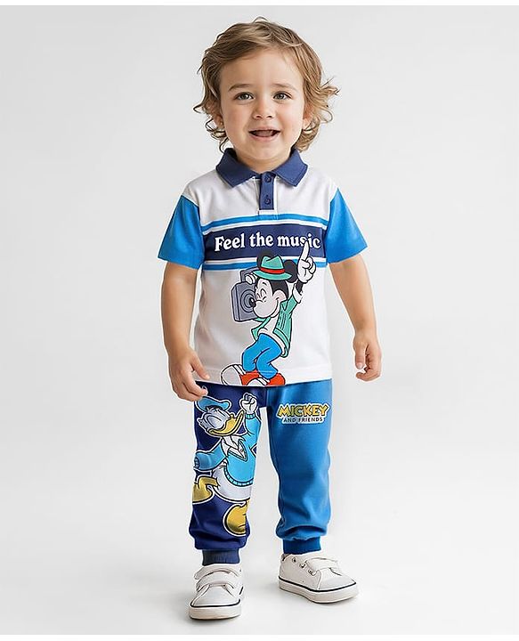 Babyhug Disney Cotton Knit Half Sleeves Polo T-Shirt & Lounge Pant Set With Mickey Mouse Graphics - White & Blue