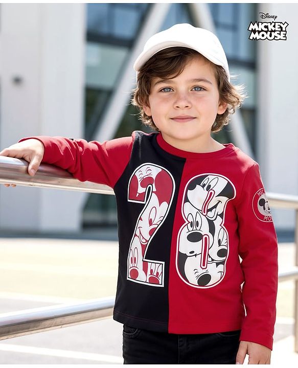 Babyhug Disney Single Jersey Knit Full Sleeves Cut & Sew T-Shirt with Mickey Mouse Print - Red