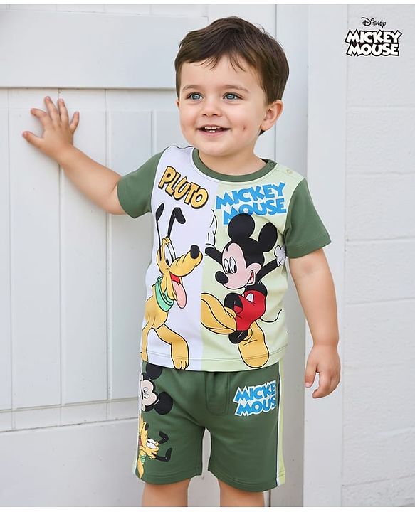 Babyhug Disney Cotton Knit Half Sleeves T-Shirt & Shorts Set With Mickey Mouse Graphics - Mint Dark Green