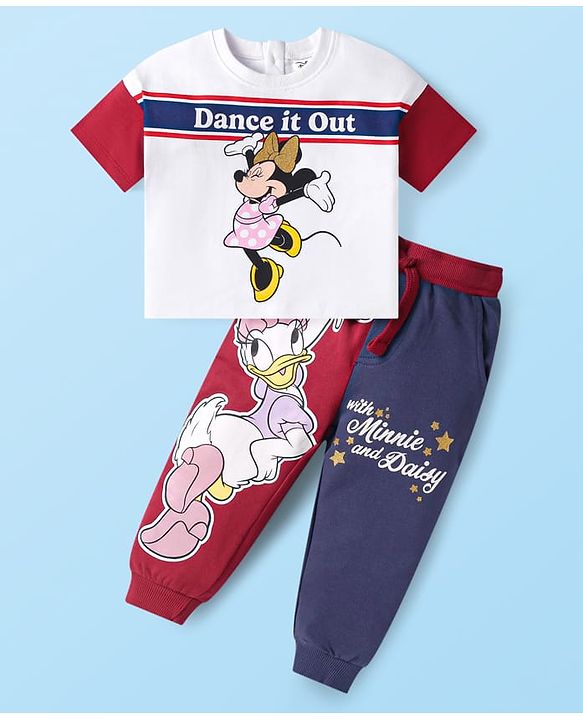 Babyhug Disney Cotton Knit Half Sleeves T-Shirt & Lounge Pant Set With Minnie Mouse & Daisy Graphics - White & Red