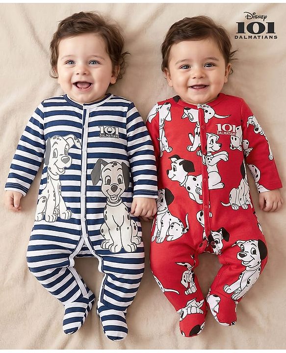 Babyhug Disney Interlock Knit Full Sleeves Footed Sleep Suits With 101 Dalmatians Graphics Pack of 2 - Red & Navy Blue
