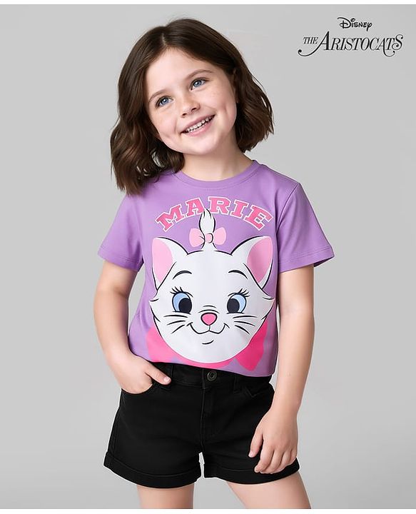 Babyhug Disney Single Jersey Drop Shoulder Half Sleeves T-Shirt with Marie Graphic - Lilac