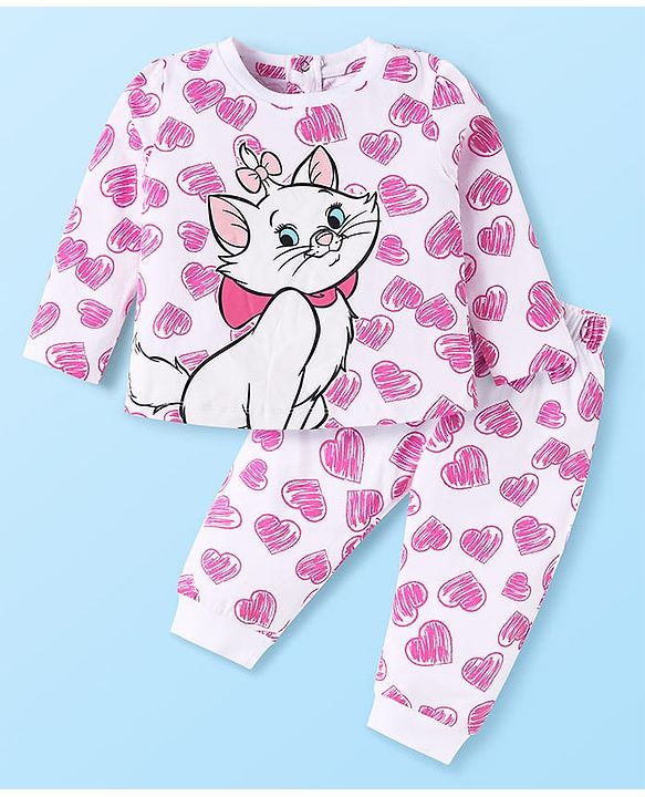 Babyhug Disney Single Jersey Knit Full Sleeve Night Suit With Front & Back Marie Graphic - White & Pink