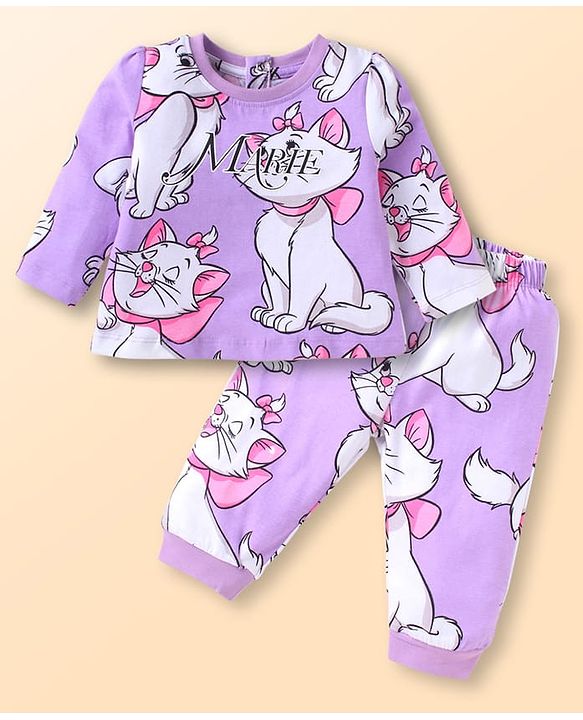 Babyhug Disney Single Jersey Knit Full Sleeves Co-ords Night Suit with Marie Graphics - Lavender