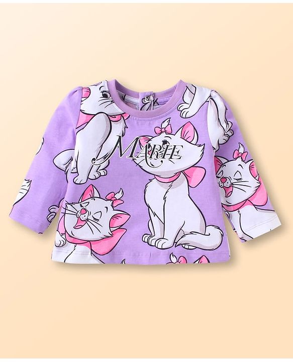 Babyhug Disney Single Jersey Knit Full Sleeves Co-ords Night Suit with Marie Graphics - Lavender