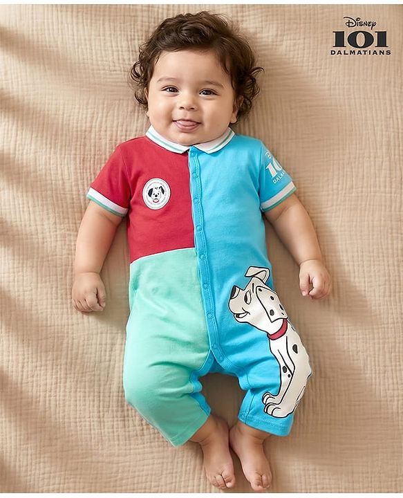 Babyhug Disney Interlock Knit Half Sleeves Front Open Collared Cut & Sew Romper with 101 Dalmatian Graphics & Badge Detailing - Light Blue