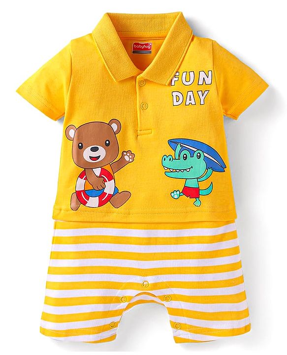 Babyhug Interlock Knit Half Sleeves Romper With Animal Print - Yellow
