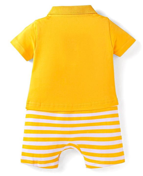 Babyhug Interlock Knit Half Sleeves Romper With Animal Print - Yellow