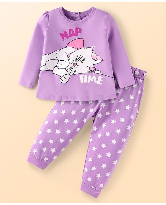 Babyhug Disney Single Jersey Knit Full Sleeves Night Suit With Marie Graphics - Lilac