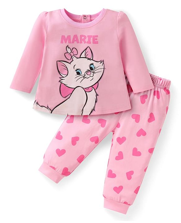 Babyhug Disney Single Jersey Knit  Full Sleeves Night Suit With Marie Graphic - Pink
