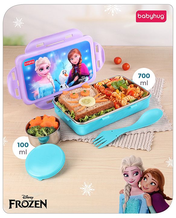 Babyhug Disney Frozen 3D Stainless Steel Lunch box with inner container,700ml & 100ml, Airtight Lunch for School Kids|BPA Free|100% Food Grade|Dishwasher Safe|Reusable|Recyclable- Lavender