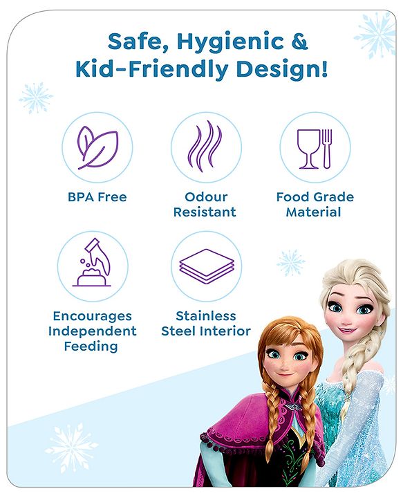 Babyhug Disney Frozen 3D Stainless Steel Lunch box with inner container,700ml & 100ml, Airtight Lunch for School Kids|BPA Free|100% Food Grade|Dishwasher Safe|Reusable|Recyclable- Lavender