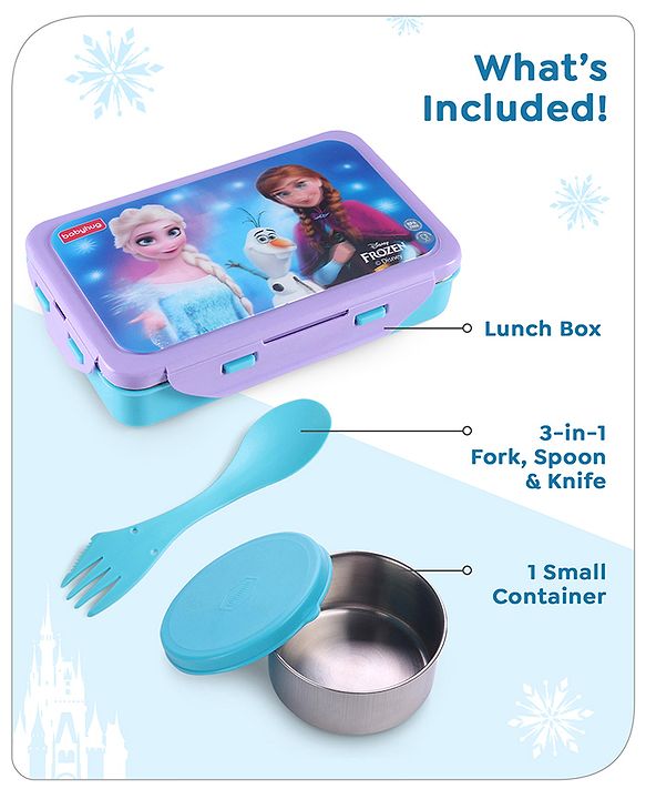 Babyhug Disney Frozen 3D Stainless Steel Lunch box with inner container,700ml & 100ml, Airtight Lunch for School Kids|BPA Free|100% Food Grade|Dishwasher Safe|Reusable|Recyclable- Lavender