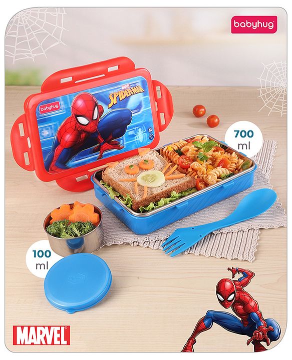 Babyhug Marvel Spiderman  3D Stainless Steel Lunch box with inner container,700ml & 100ml, Airtight Lunch for School Kids|BPA Free|100% Food Grade|Dishwasher Safe|Reusable|Recyclable- Red