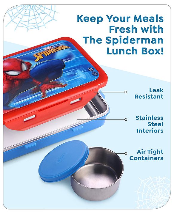 Babyhug Marvel Spiderman  3D Stainless Steel Lunch box with inner container,700ml & 100ml, Airtight Lunch for School Kids|BPA Free|100% Food Grade|Dishwasher Safe|Reusable|Recyclable- Red