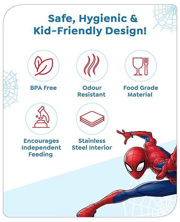 Babyhug Marvel Spiderman  3D Stainless Steel Lunch box with inner container,700ml & 100ml, Airtight Lunch for School Kids|BPA Free|100% Food Grade|Dishwasher Safe|Reusable|Recyclable- Red
