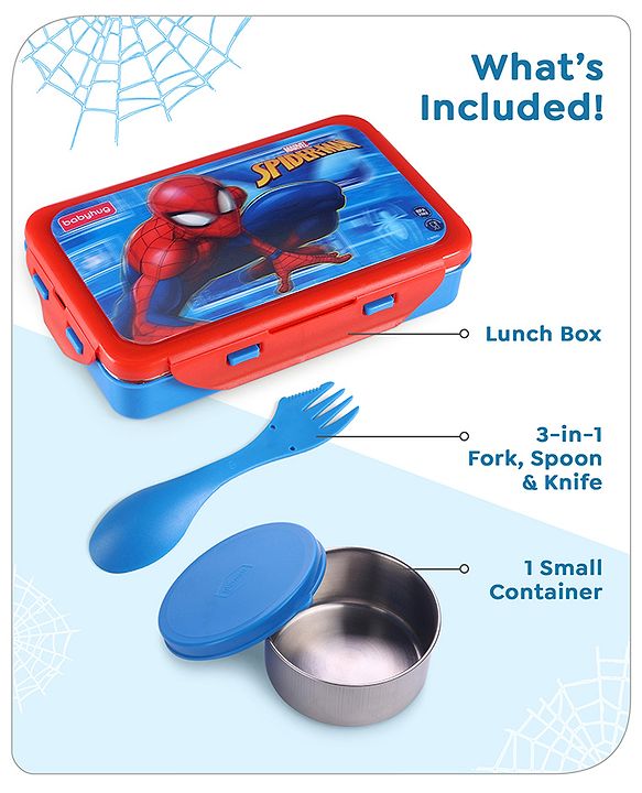 Babyhug Marvel Spiderman  3D Stainless Steel Lunch box with inner container,700ml & 100ml, Airtight Lunch for School Kids|BPA Free|100% Food Grade|Dishwasher Safe|Reusable|Recyclable- Red