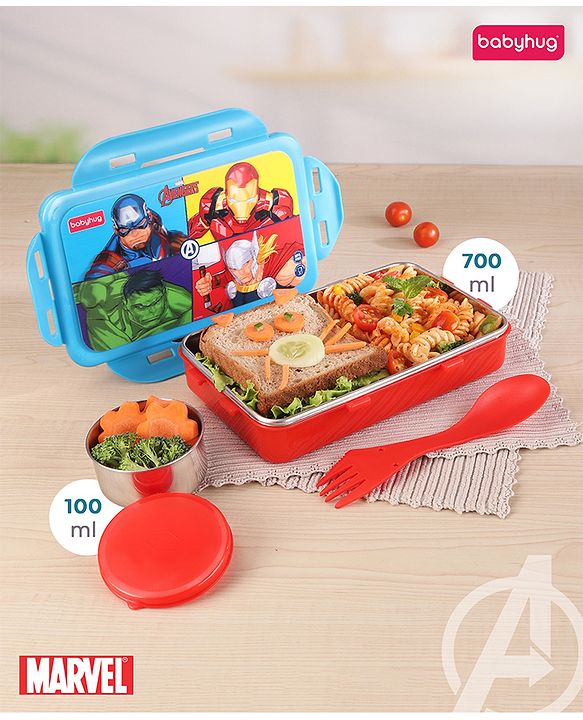 Babyhug Marvel Spiderman  3D Stainless Steel Lunch box with inner container,700ml & 100ml, Airtight Lunch for School Kids|BPA Free|100% Food Grade|Dishwasher Safe|Reusable|Recyclable- Red
