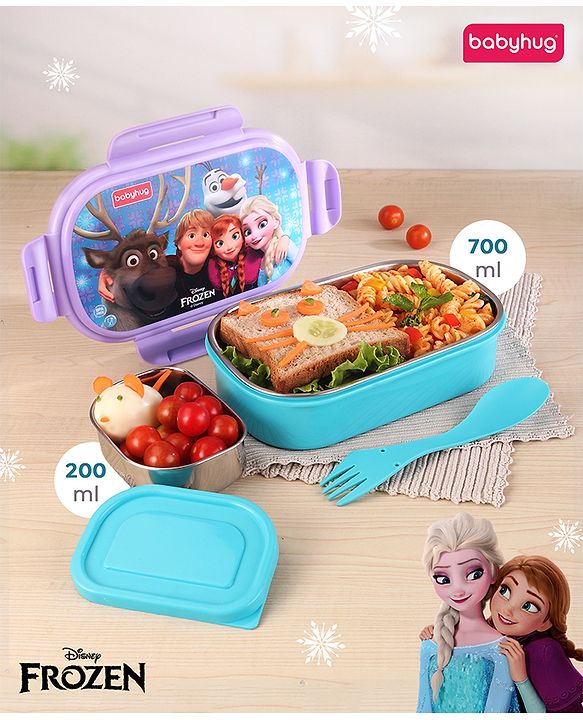 Babyhug Disney Frozen 3D Stainless Steel Lunch box with inner container,700ml & 100ml, Airtight Lunch for School Kids|BPA Free|100% Food Grade|Dishwasher Safe|Reusable|Recyclable- Lavender