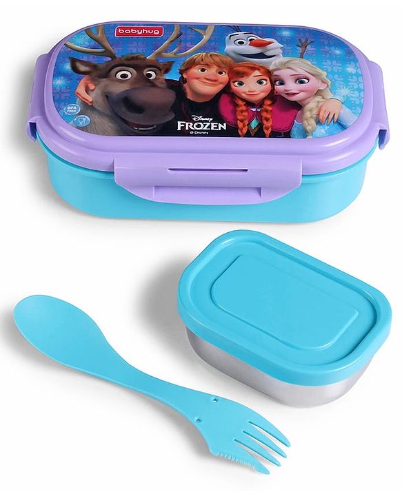 Babyhug Disney Frozen 3D Stainless Steel Lunch box with inner container,700ml & 100ml, Airtight Lunch for School Kids|BPA Free|100% Food Grade|Dishwasher Safe|Reusable|Recyclable- Lavender