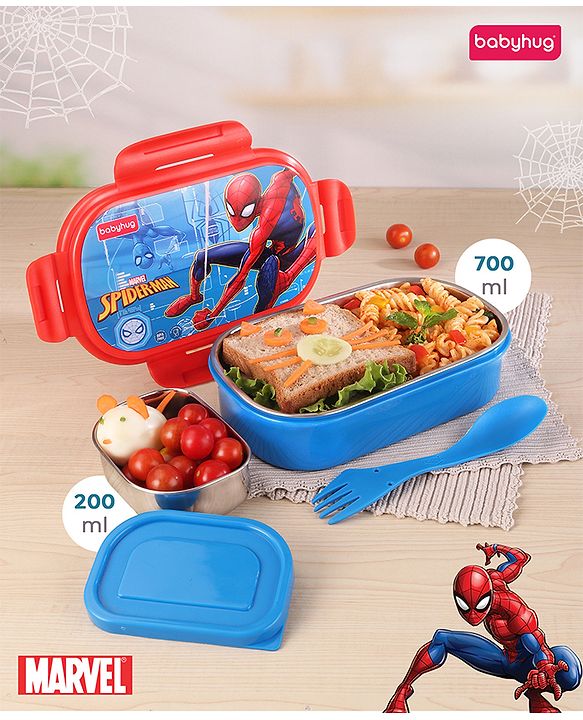 Babyhug Marvel Spiderman  3D Stainless Steel Lunch box with inner container,700ml & 100ml, Airtight Lunch for School Kids|BPA Free|100% Food Grade|Dishwasher Safe|Reusable|Recyclable- Red