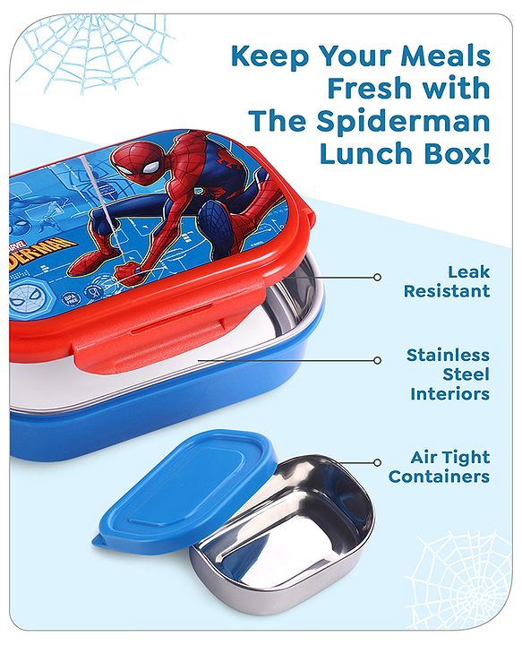 Babyhug Marvel Spiderman  3D Stainless Steel Lunch box with inner container,700ml & 100ml, Airtight Lunch for School Kids|BPA Free|100% Food Grade|Dishwasher Safe|Reusable|Recyclable- Red