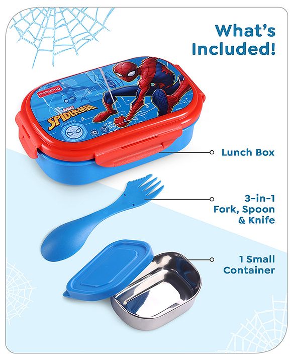Babyhug Marvel Spiderman  3D Stainless Steel Lunch box with inner container,700ml & 100ml, Airtight Lunch for School Kids|BPA Free|100% Food Grade|Dishwasher Safe|Reusable|Recyclable- Red