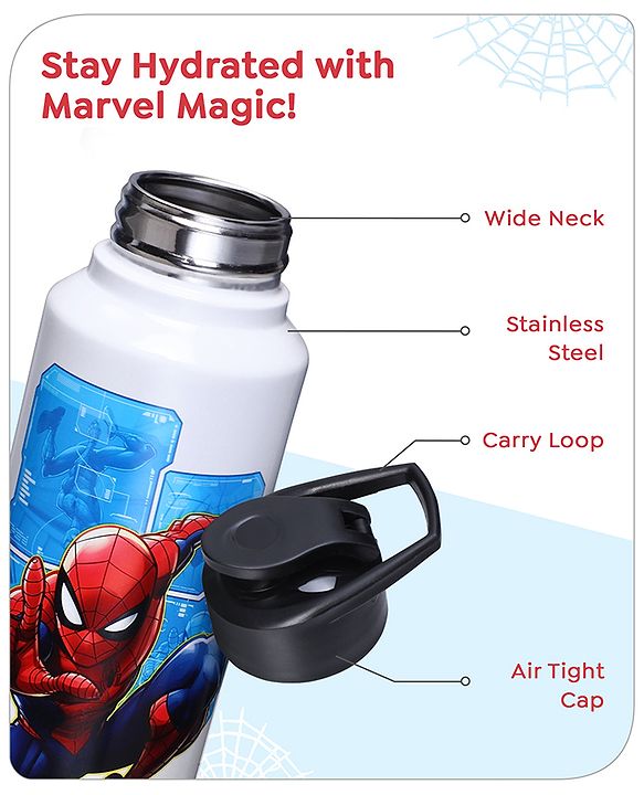 Babyhug Marvel Spiderman Stainless Steel Water Bottle|Leak Resistant|BPA Free|Rust Proof|750ml