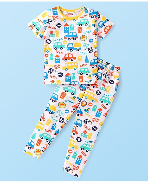 Babyhug Cotton Knit Half Sleeves Night Suit with Vehicle Print - Multicolor
