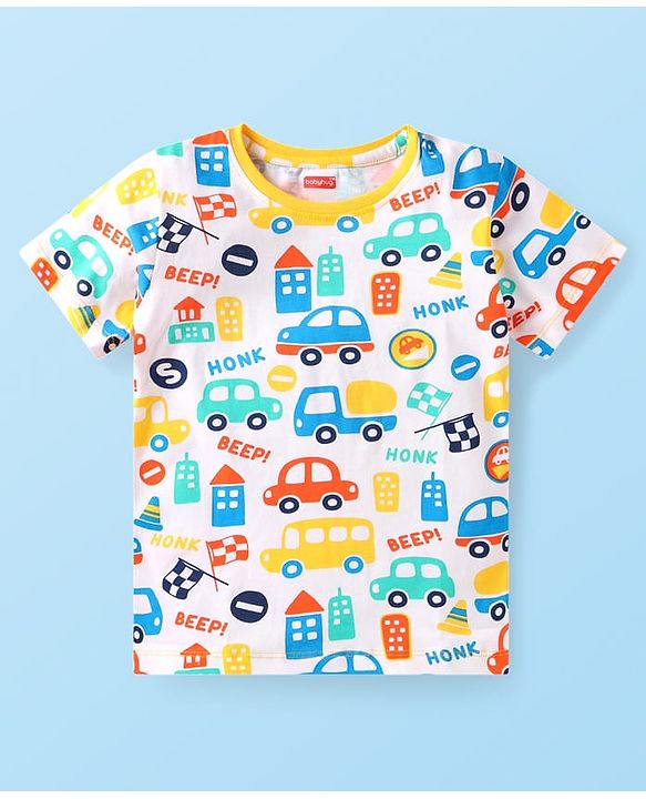 Babyhug Cotton Knit Half Sleeves Night Suit with Vehicle Print - Multicolor