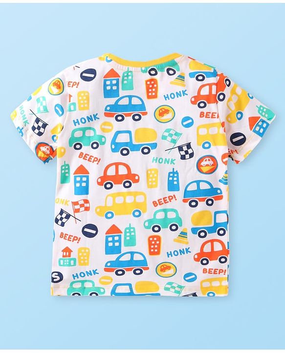Babyhug Cotton Knit Half Sleeves Night Suit with Vehicle Print - Multicolor