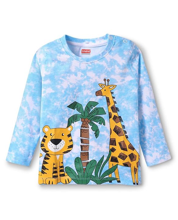Babyhug Cotton Knit Full Sleeves Animal Print T-Shirt - Light Blue