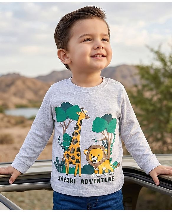 Babyhug Cotton Knit Full Sleeves T-Shirt With Safari Theme Print - Grey