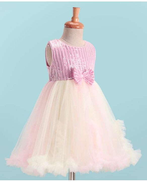Babyhug Sleeveless Fit & Flared Sequined Yoke Ruffled Dress with Bow Applique - Pink