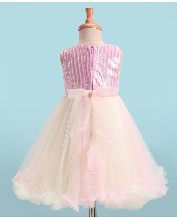 Babyhug Sleeveless Fit & Flared Sequined Yoke Ruffled Dress with Bow Applique - Pink