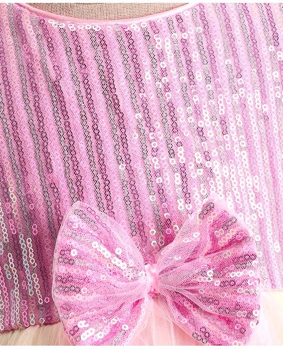 Babyhug Sleeveless Fit & Flared Sequined Yoke Ruffled Dress with Bow Applique - Pink