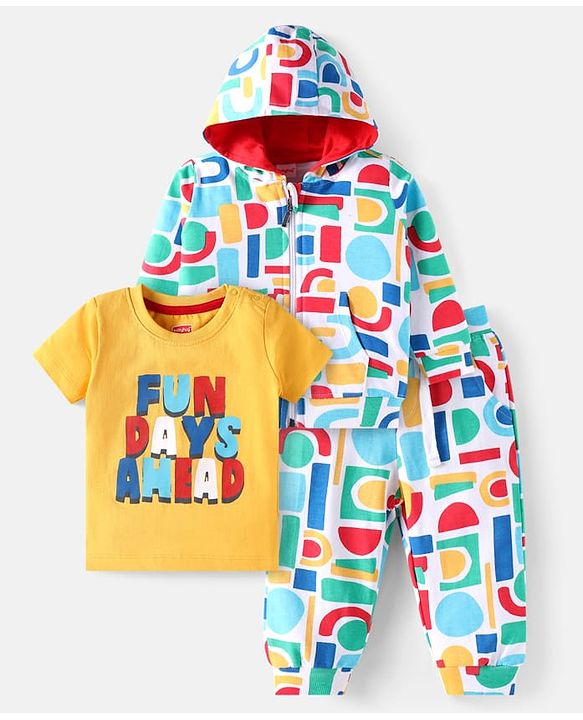 Babyhug Terry Knit Full Sleeves Printed Hooded Sweatjacket & Lounge Pant Set With T-Shirt - Light Blue & Yellow