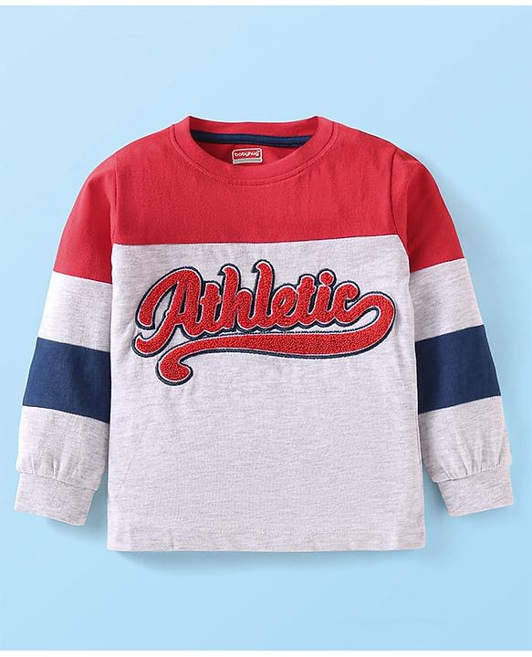 Babyhug Cotton Knit Full Sleeves T-Shirt With Text Exmbroidery - Light Grey & Red