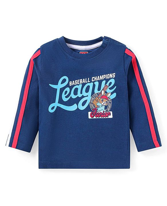 Babyhug Cotton Knit Full Sleeves T-Shirt With Text & Animal Print - Navy Blue