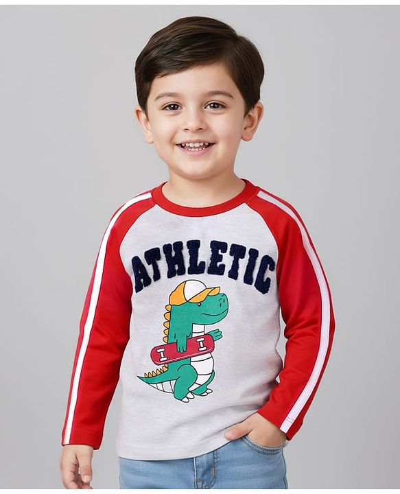 Babyhug Cotton Knit Full Raglan Sleeves T-Shirt with Dino Graphics - Red & Grey