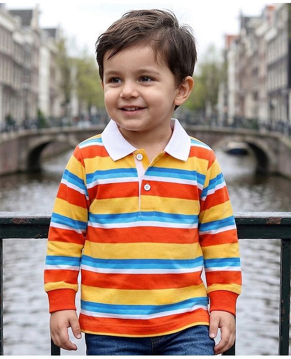 Babyhug Cotton Knit Full Sleeves Polo T-Shirt With Strips Print - Orange & Red