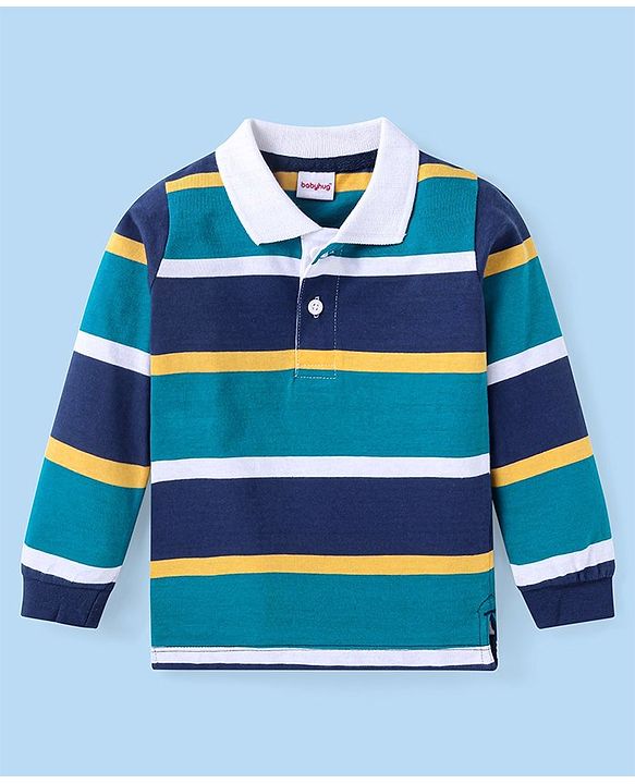 Babyhug Cotton Knit Full Sleeves Striped Polo T-Shirt - Navy Blue & Green