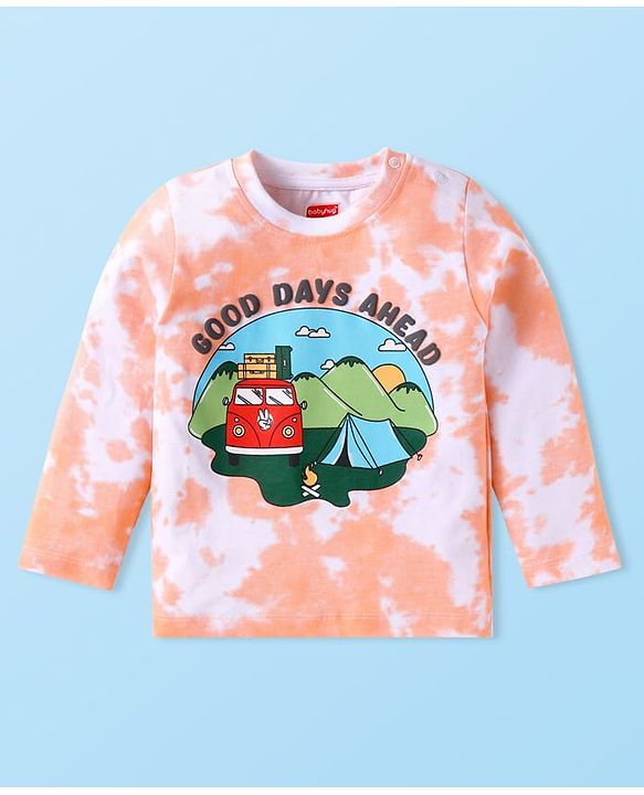 Babyhug Cotton Knit Half Sleeves Tie & Dyed T-Shirt with Camper Van Print - Light Peach